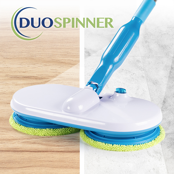 Sähköinen Duo Spinner -moppi puhdistamassa lattiaa, tehokas siivouslaite kotiin. TV:stä tuttu tuote.