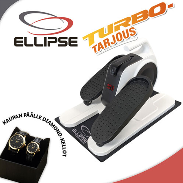 Ellipse-poljintreenilaite valkoisena ja mustana, vieressä Diamond-kellojen lahjapakkaus. Teksti: "Turbo-tarjous".