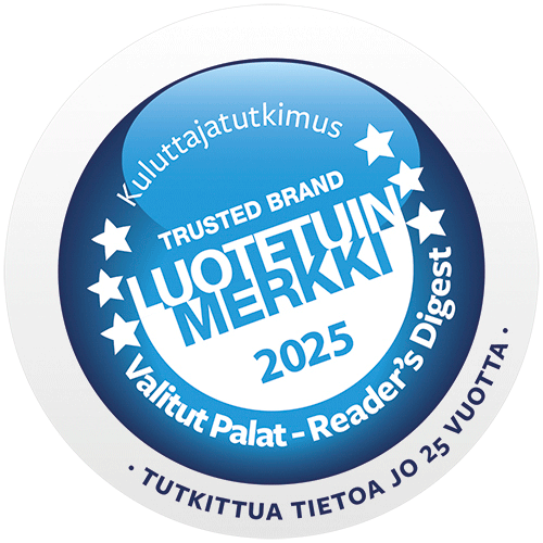 Valittujen Palojen teettämän kuluttajatutkimuksen sinivalkoinen Luotetuin Merkki -tunnus