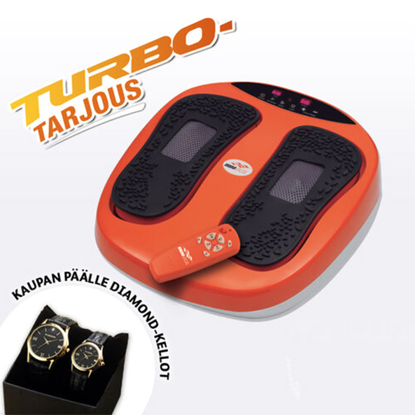 Oranssi VibroLegs-jalkalaite, mukana kaukosäädin ja lahjaksi Diamond-kellot. Kuvassa teksti "Turbo-tarjous".
