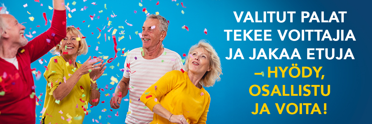 Iloinen joukko aikuisia juhlii konfettisateessa. Kuvassa teksti: "Valitut Palat tekee voittajia ja jakaa etuja – hyödyt, osallistut ja voitat!".