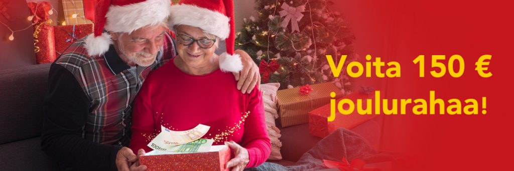 Iäkäs pariskunta jouluisessa tunnelmassa, nainen avaa lahjapaketin, josta nousee seteleitä. Kuvassa teksti: ”Voita 150 € joulurahaa!”.